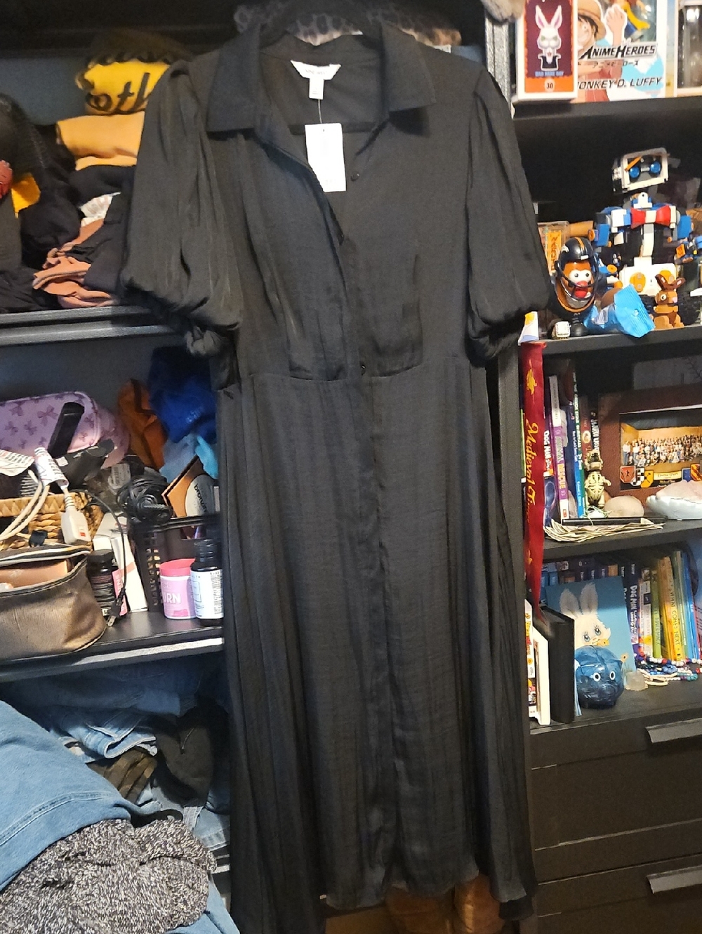 Nine West Black Collared Midi Dress with Puff Sleeves